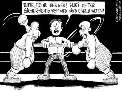 Karikatur, Cartoon: Boxkampf, Sicherheitsabstand und Social Distancing © Roger Schmidt