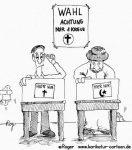 Karikatur, Cartoon: Religion, Kreuz oder Halbmond, © Roger Schmidt