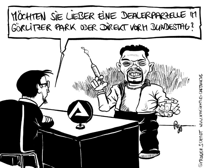 Karikatur, Cartoon: Drogendealer im Görlitzer Park, © Roger Schmidt