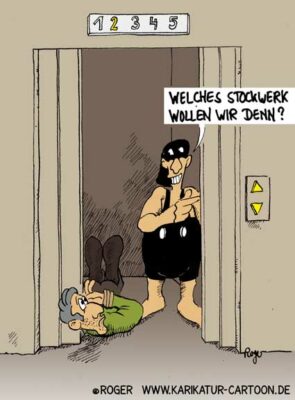 Karikatur, Cartoon: Fahrstuhl, © Roger Schmidt