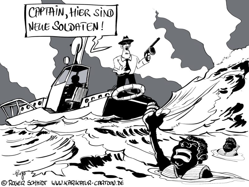 Karikatur, Cartoon: Flüchtlinge, Mafia und das blutige Mittelmeer, © Roger Schmidt