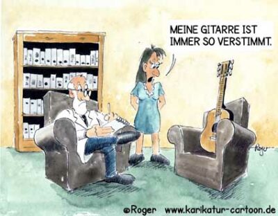 Karikatur, Cartoon: Gitarre beim Psychiater, © Roger Schmidt