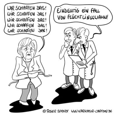 Karikatur, Cartoon: Merkel und Ihre Flüchtlinge, © Roger Schmidt