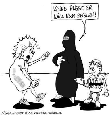 Karikatur, Cartoon: Viele muslimische Mütter erziehen zum Terror, © Roger Schmidt