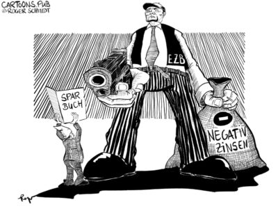 Karikatur, Cartoon: Negativzinsen fürs Sparbuch dank EZB © Roger Schmidt
