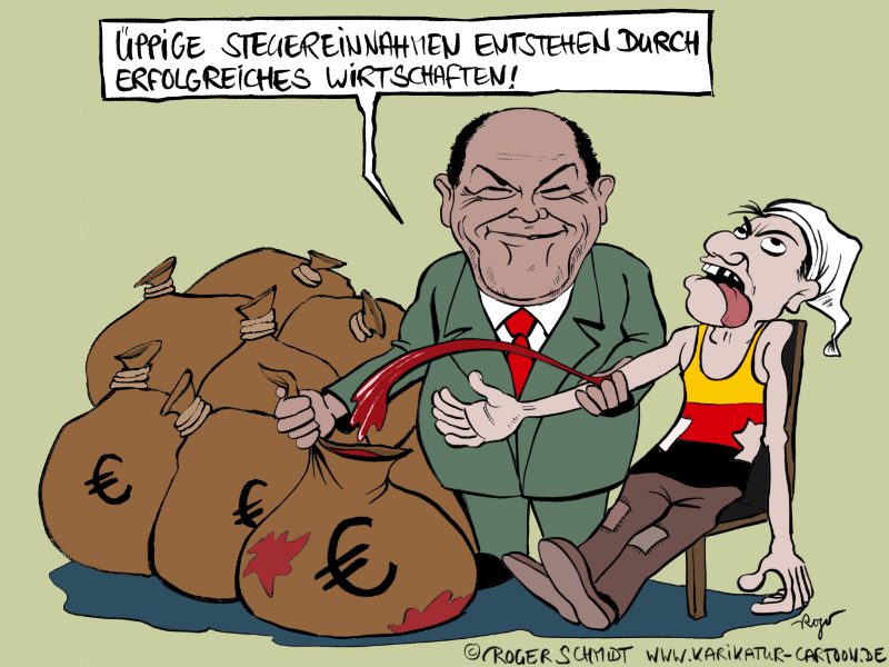 Karikatur, Cartoon: Olaf Scholz erwirtschaftet höhere Steuereinnahmen, © Roger Schmidt