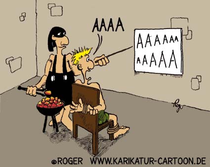 Karikatur, Cartoon: Sehtest beim Augenarzt, © Roger Schmidt