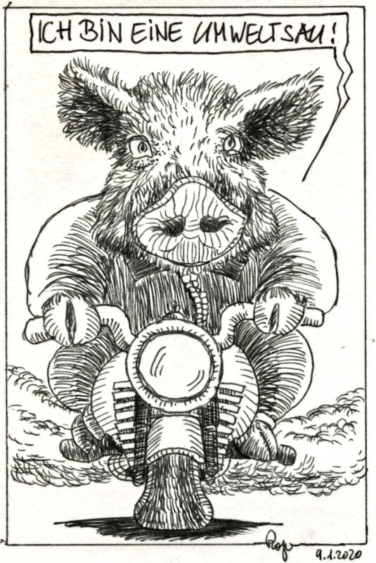 Karikatur, Cartoon: Umweltsau Motorradfahrer n © Roger Schmidt
